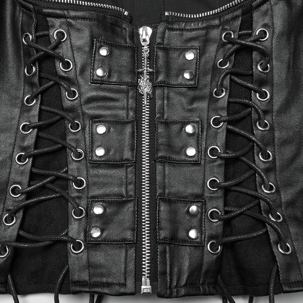 Close-up of steampunk high collar PU leather vest with lace-up design and double zippers.