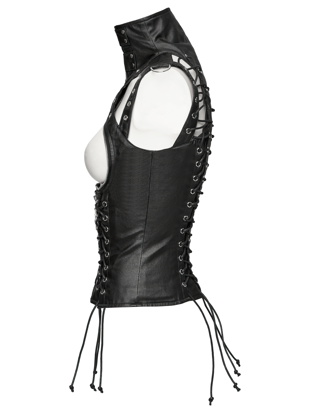 Steampunk high collar lace-up PU leather waist vest with edgy design and slim silhouette.