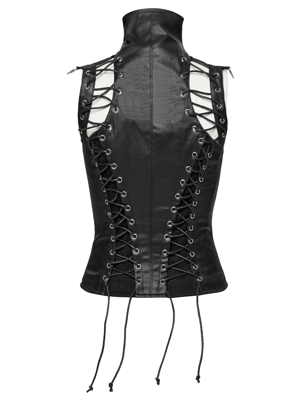 Back view of steampunk high collar PU leather corset vest with lace-up design and double zippers for a bold look.