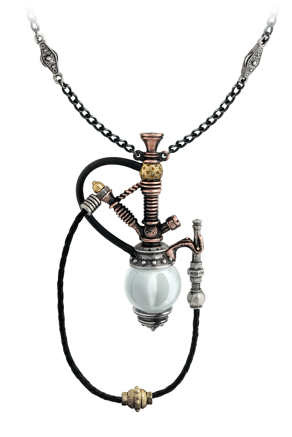 Steampunk Hookah Necklace with Victorian Design featuring intricate metalwork and a unique hookah pendant.
