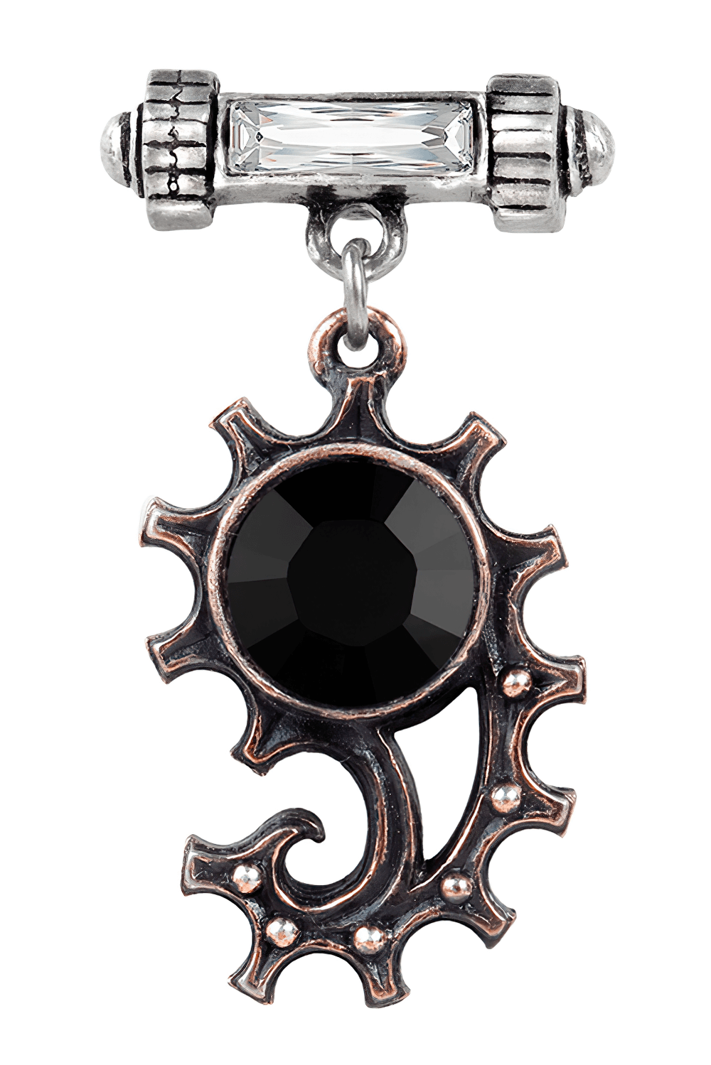 Steampunk-Inspired Gear Earring with Black Gemstone featuring intricate gear and gemstone design, perfect for gothic elegance.