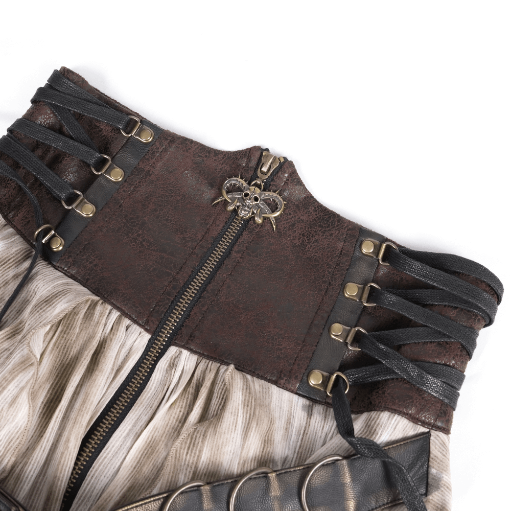 Close-up of steampunk maxi skirt corset belt with lace-up design and metal embellishments. Perfect for gothic fashion.