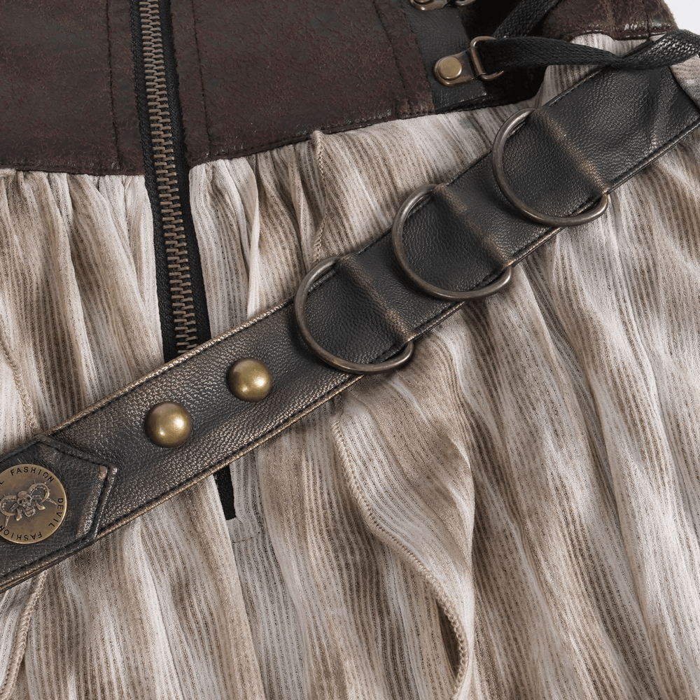 Close-up of steampunk layered maxi skirt showcasing corset belt and intricate metal detailing. Perfect for bold style!