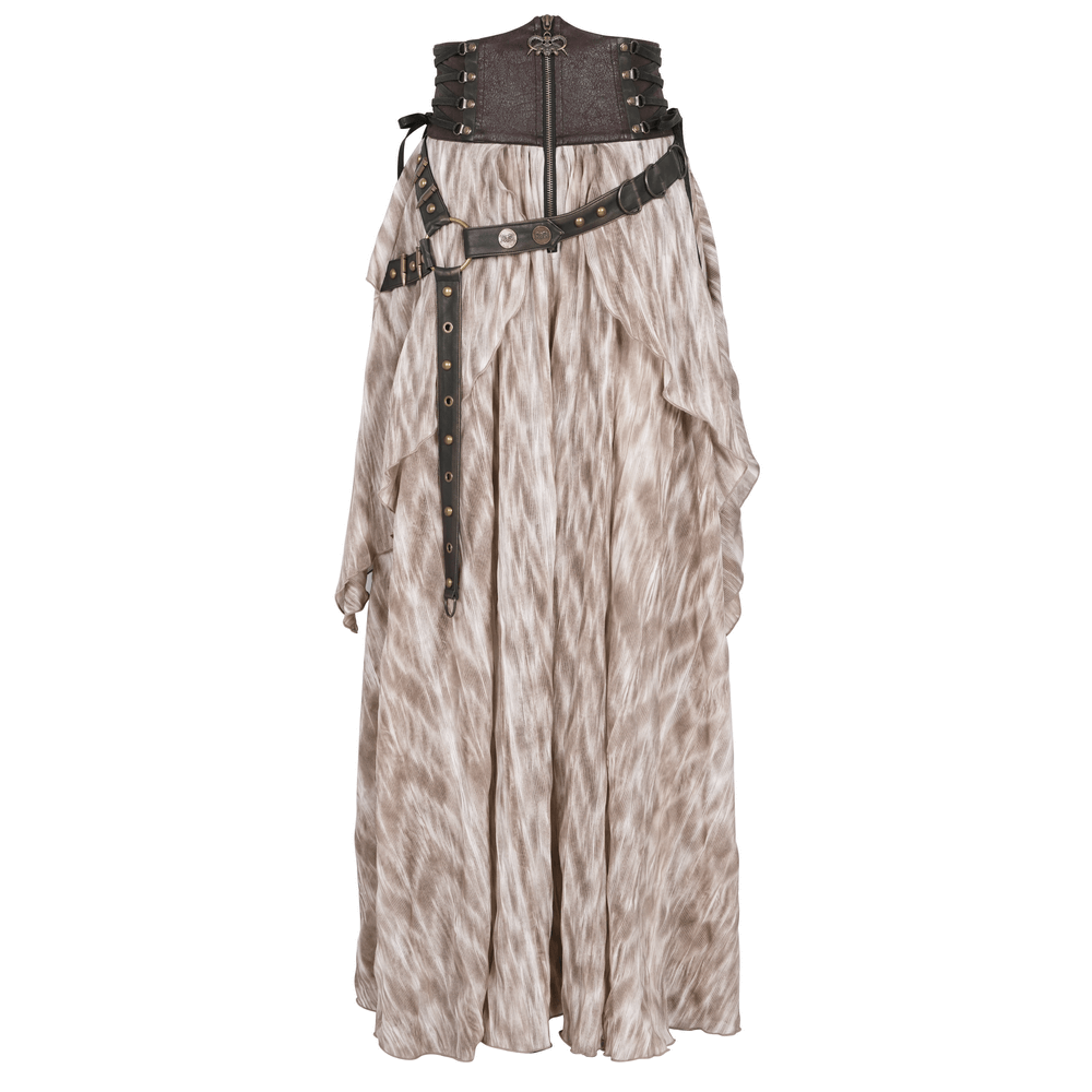 Steampunk layered maxi skirt with corset belt, featuring cascading tiers and gothic metal embellishments.