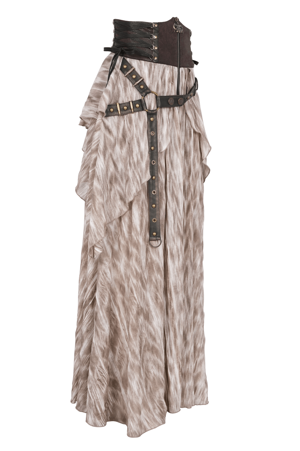 Steampunk layered maxi skirt with corset belt, featuring cascading tiers and gothic metal embellishments. Perfect for festivals!