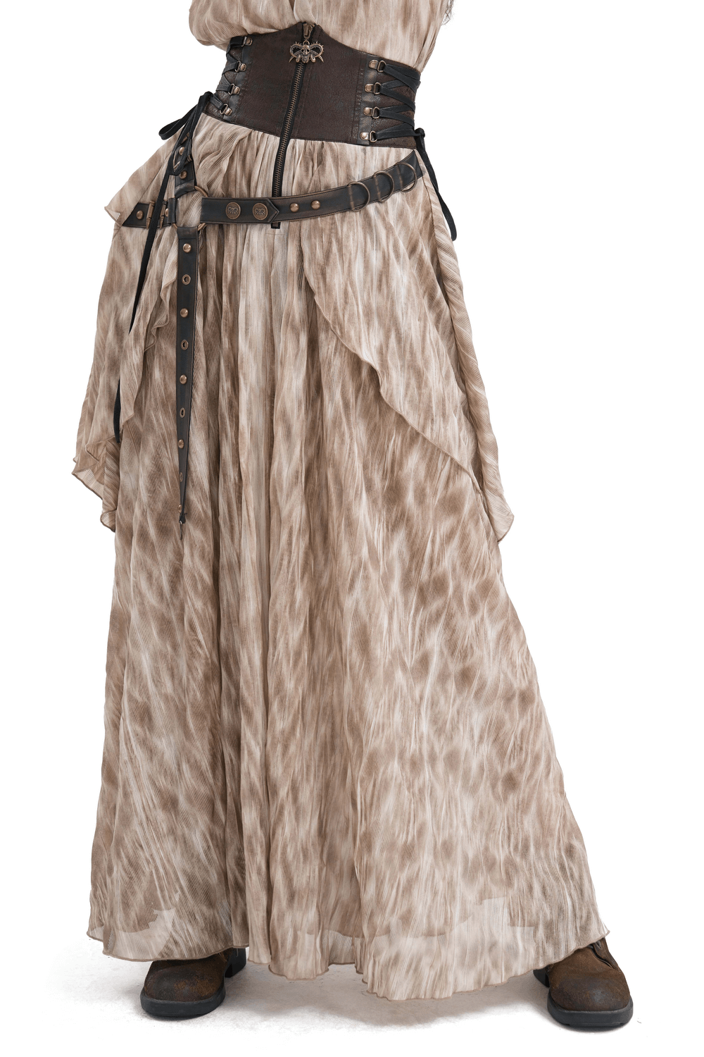 Steampunk layered maxi skirt with lace-up corset belt, featuring cascading tiers and gothic metal embellishments.