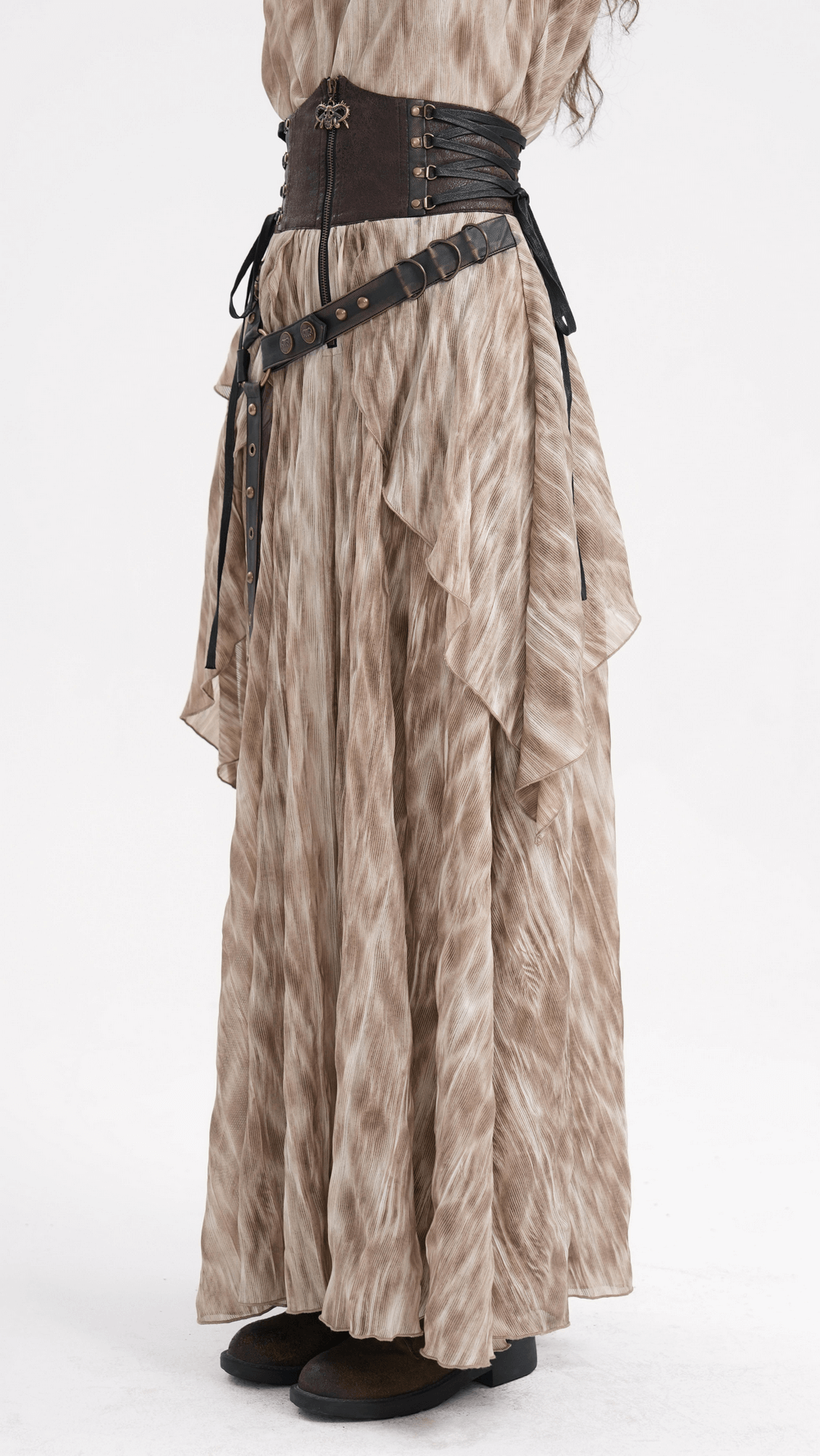 Steampunk layered maxi skirt with corset belt, featuring cascading tiers and gothic elegance for bold fashion statements.