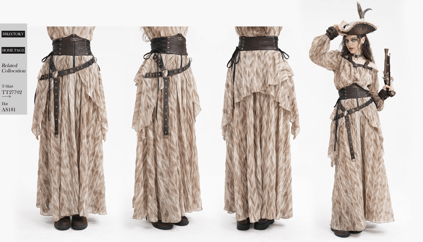 Steampunk layered maxi skirt with corset belt, showcasing gothic elegance and alternative fashion for bold style statements.