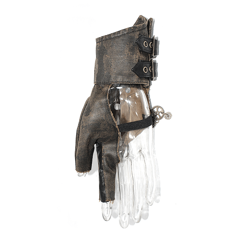 Steampunk brown leather gloves with rivets and asymmetrical design, perfect women's accessory.