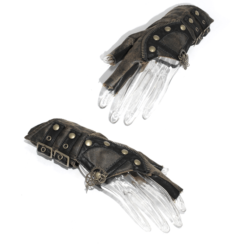 Steampunk leather gloves with rivets, showcasing an asymmetrical design and bronze detailing for a chic look.