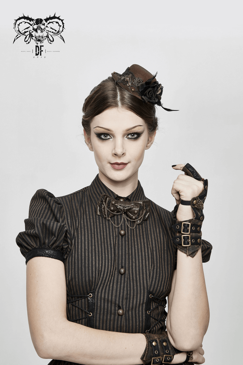 Steampunk model wearing stylish gloves and a mini hat, showcasing an edgy gothic fashion.