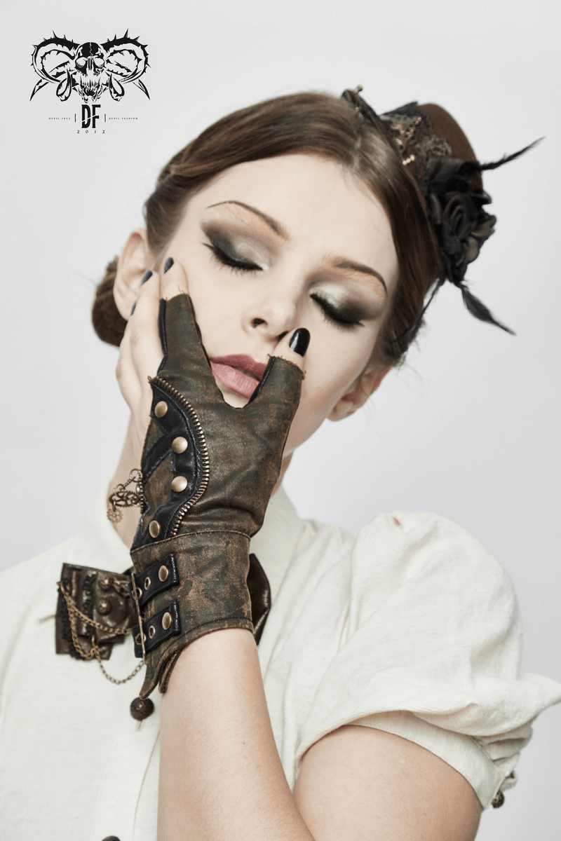 Stylish woman wearing steampunk leather gloves with rivets, showcasing a fashionable and edgy look.