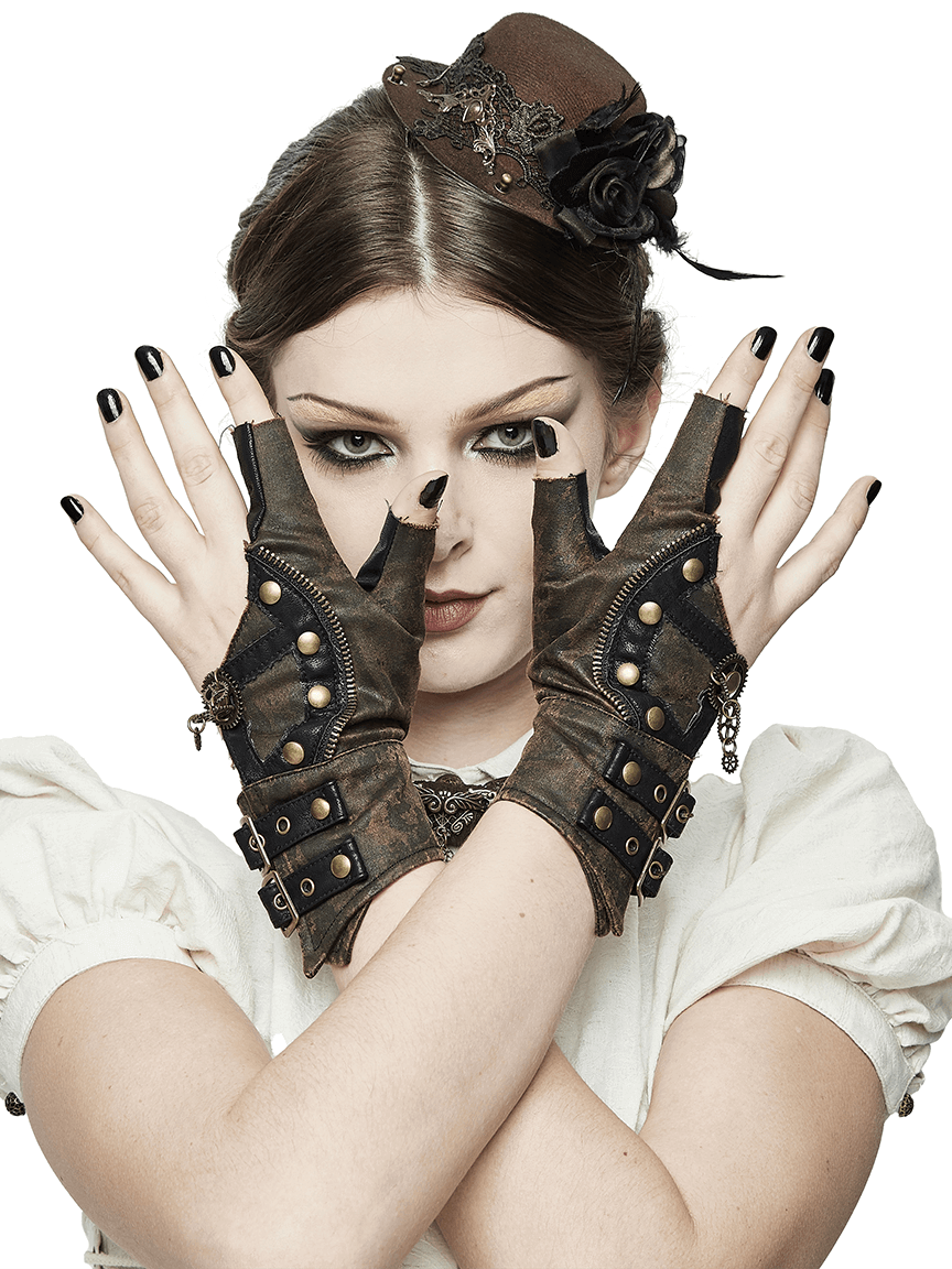 Steampunk Leather Gloves with Rivets / Asymmetrical Brown Gloves with Gears - HARD'N'HEAVY