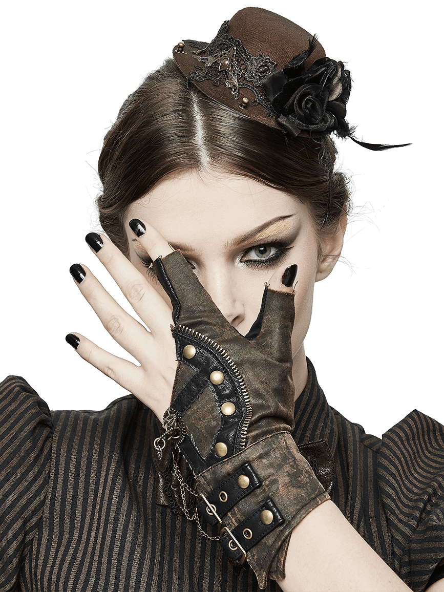 Steampunk Leather Gloves with Rivets / Asymmetrical Brown Gloves with Gears - HARD'N'HEAVY