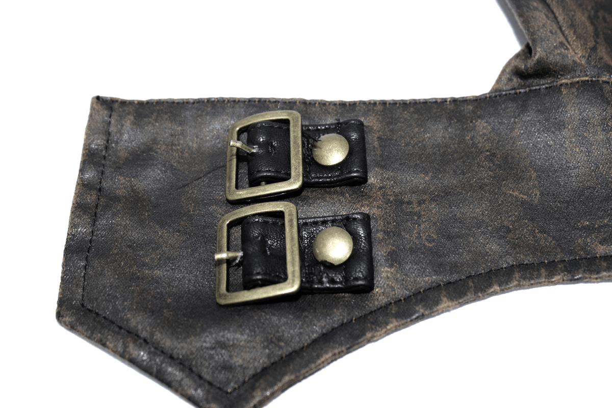 Close-up of steampunk leather gloves featuring bronze rivets and metal buckles, perfect for a stylish accessory.