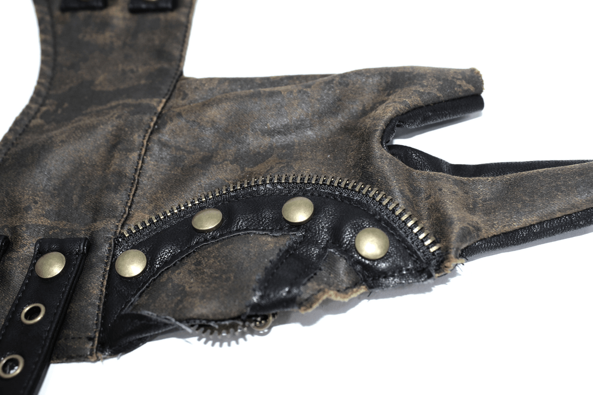 Asymmetrical steampunk leather gloves with rivets and a stylish zipper design for a unique look.