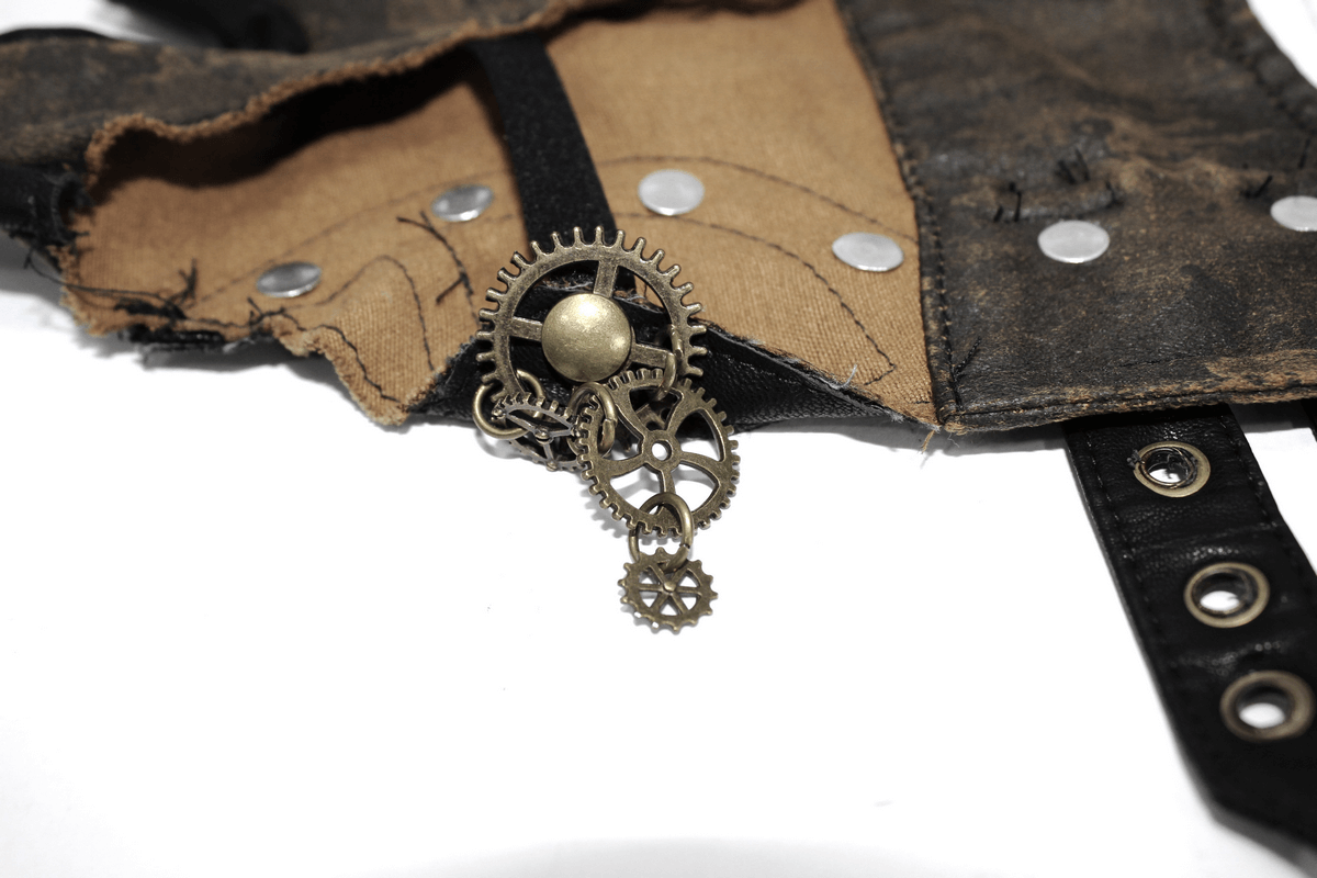 Close-up of steampunk leather gloves showcasing intricate bronze rivets and gears detail.