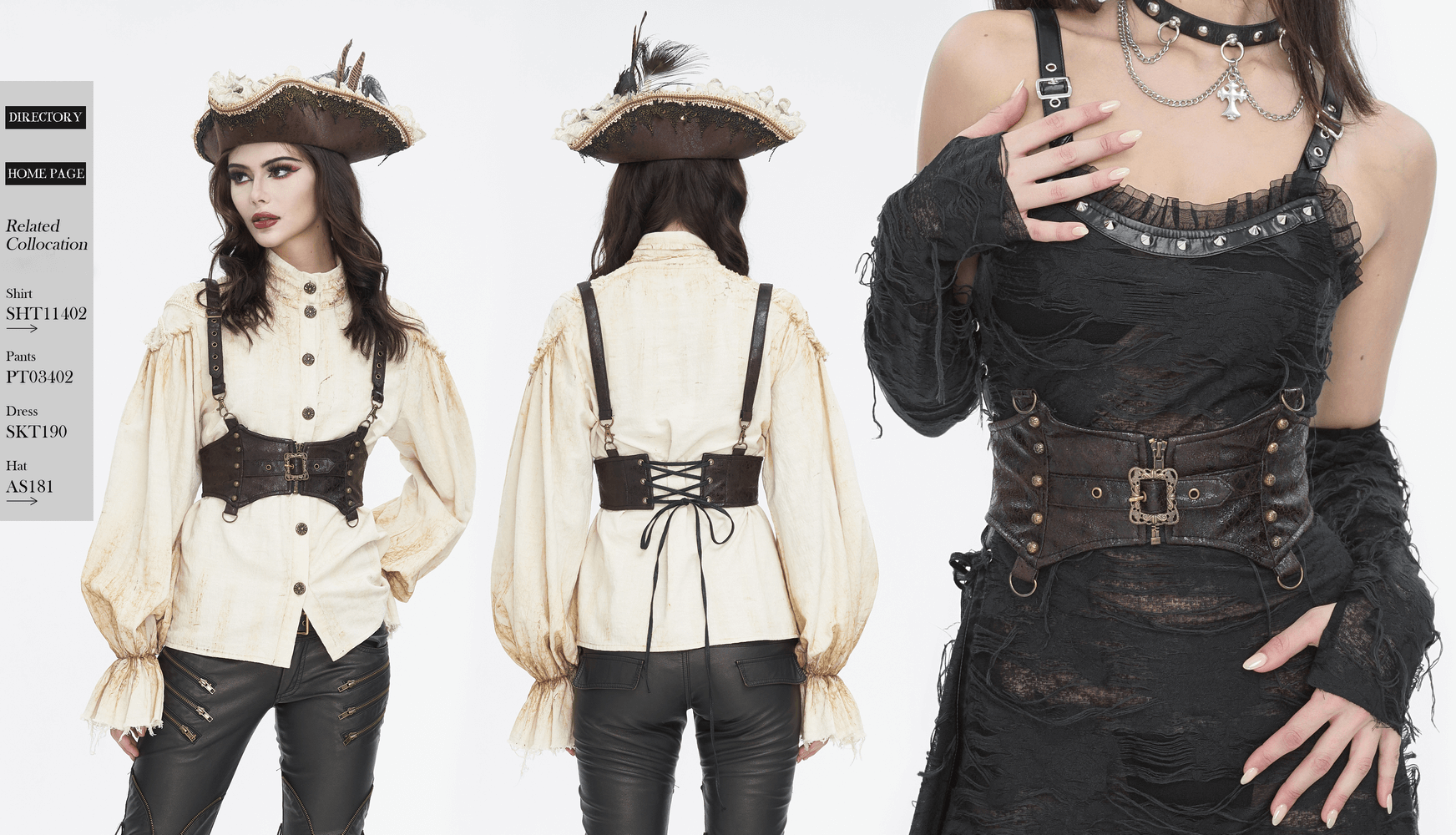 Steampunk leather harness with adjustable straps showcased on model, pairing gothic style with pirate flair.