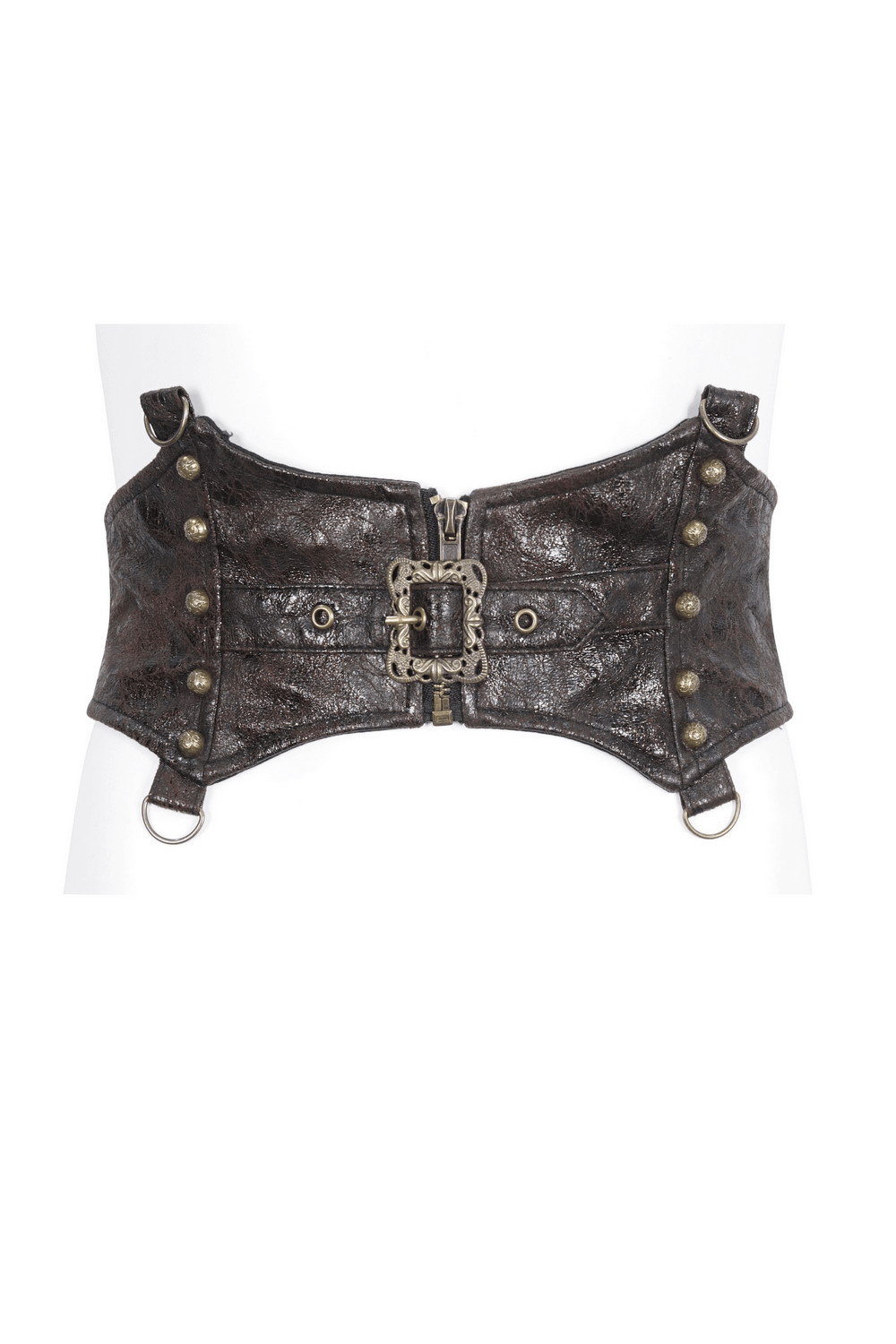 Steampunk leather harness with adjustable straps and buckle, featuring a stylish gothic design and side rings for accessories.