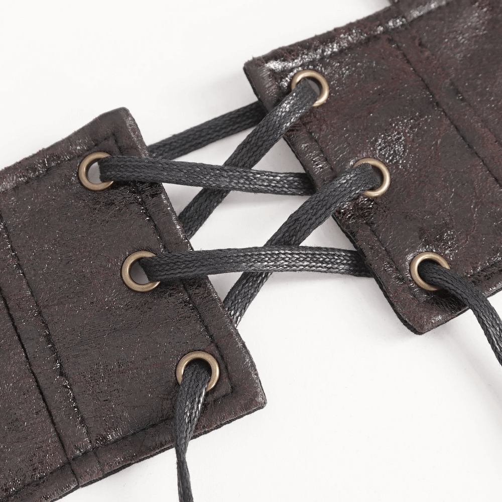 Close-up of a steampunk leather harness with lace-up design and metal eyelets, showcasing adjustable straps.