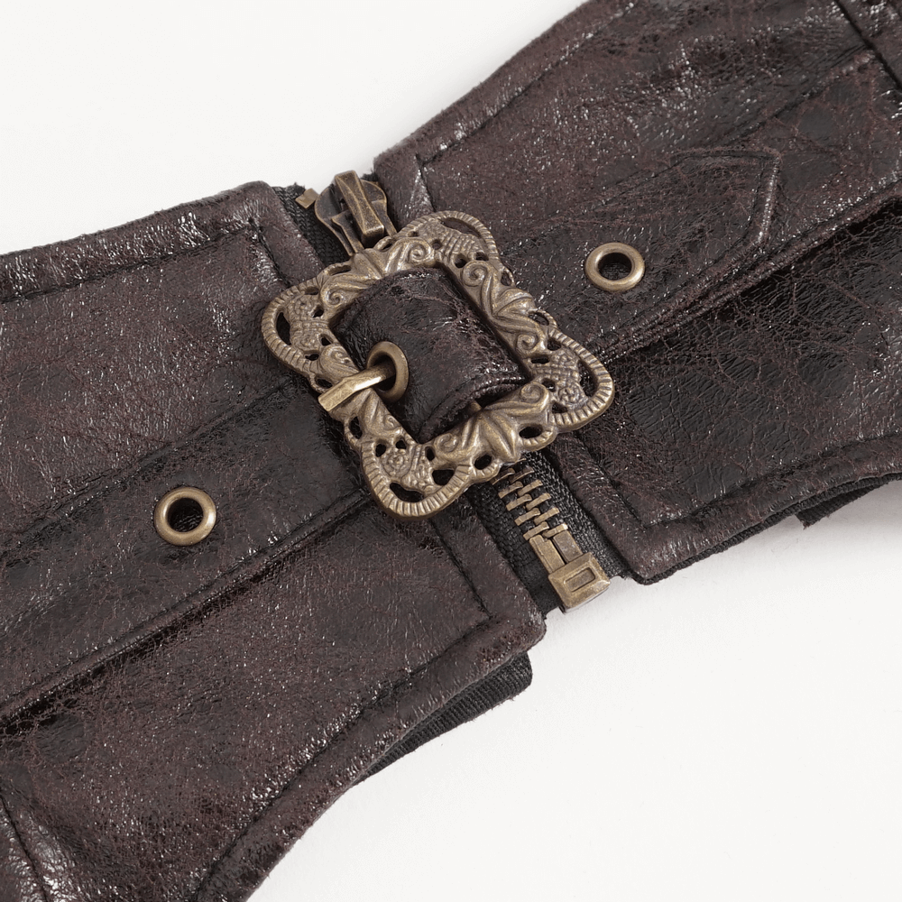Close-up of a steampunk leather harness showing an ornate buckle, adjustable straps, and intricate detailing.