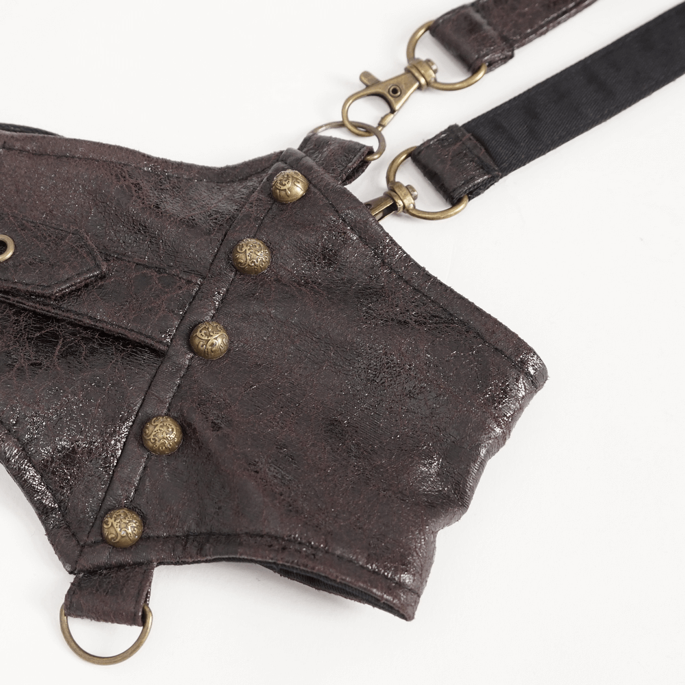 Steampunk leather harness with adjustable straps and decorative buttons for a gothic style look.