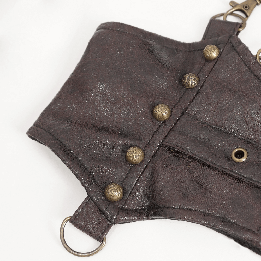 Close-up of steampunk leather harness with adjustable straps and ornate buttons for gothic style fashion.