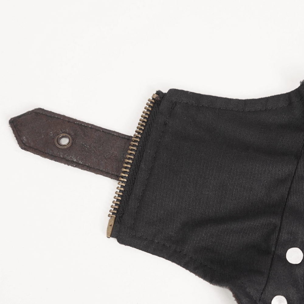 Close-up of steampunk leather harness with zipper detail and adjustable strap, perfect for gothic fashion.