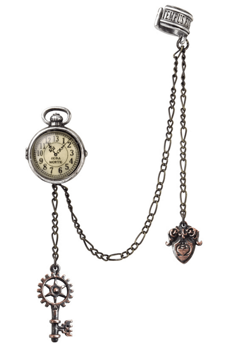 Steampunk Lunar Pocket Watch Ear Cuff with key and fob, inscribed with 'Hora Morti' and 'Tempus Fugit'.