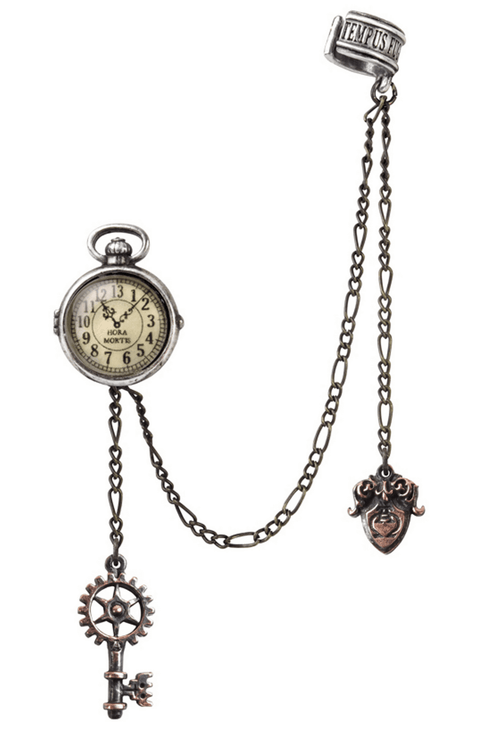 Steampunk Mondtaschenuhr Ohrmanschette mit Schlüssel und Kette