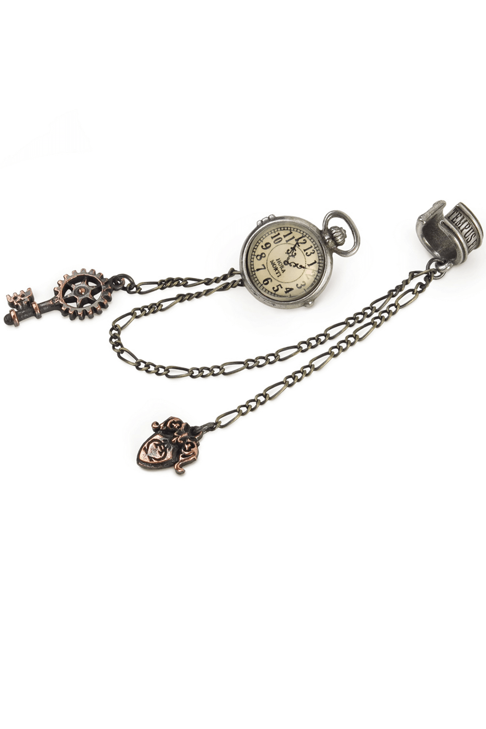 Steampunk Lunar pocket watch ear cuff with key and fob, showcasing intricate clockwork and chains.
