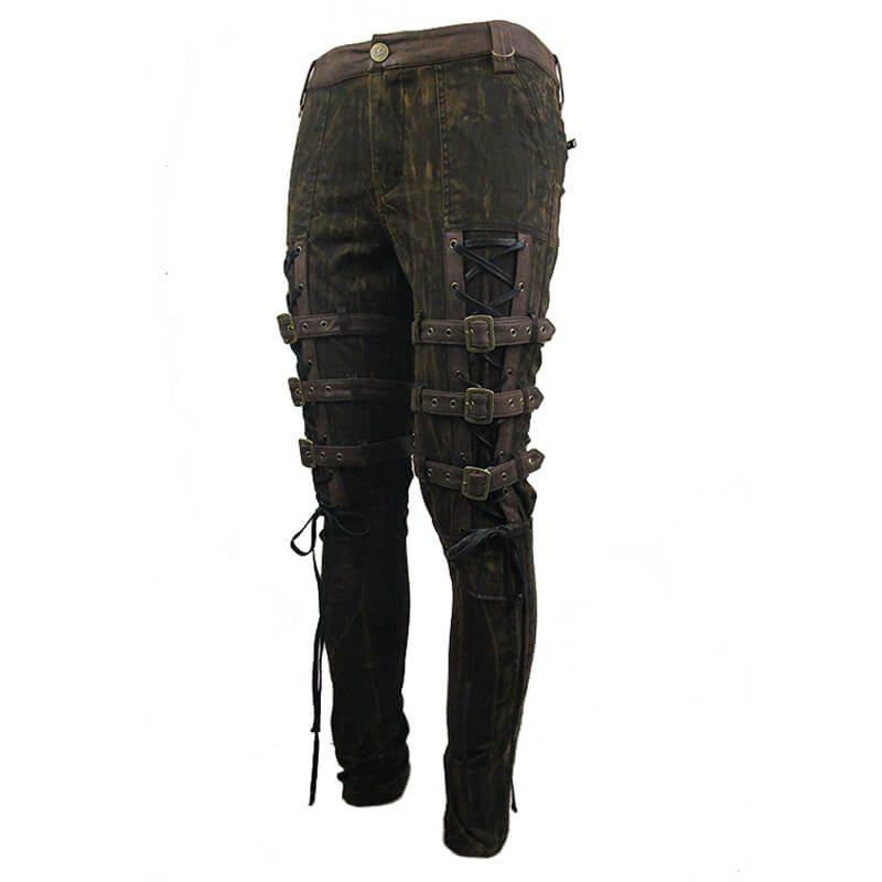 Steampunk brown cotton trousers for men with decorative buckles and tight-fitting design.