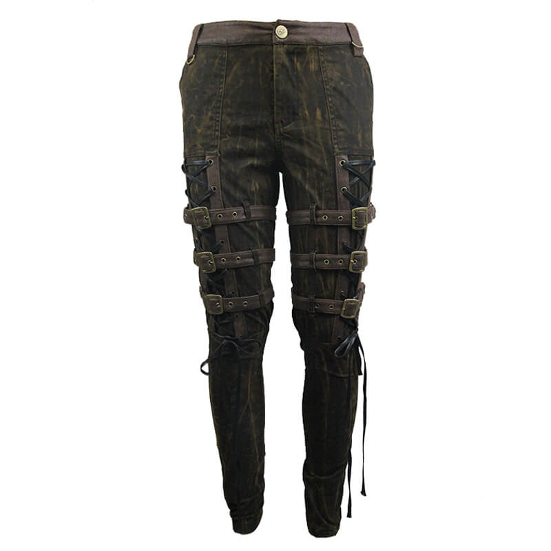 Steampunk brown cotton trousers with buckles, stylish gothic full length pencil pants for men.