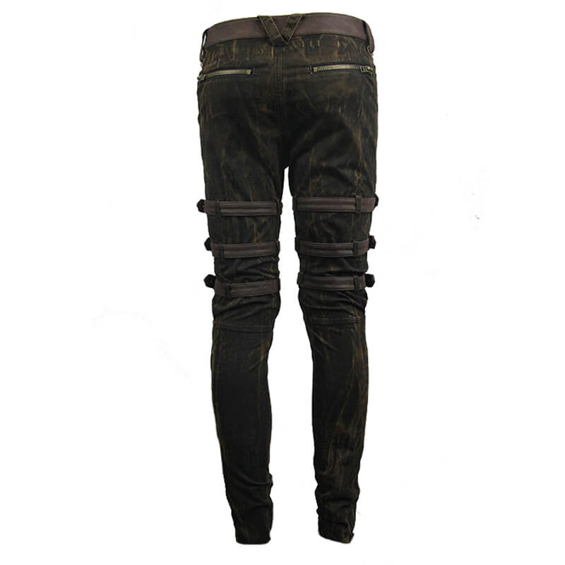 Steampunk men's brown cotton trousers with stylish buckles and tight-fitting design from the back.