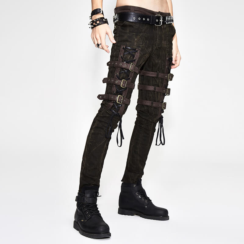 Men's brown steampunk trousers with buckles and straps, stylish full-length pants perfect for gothic fashion.