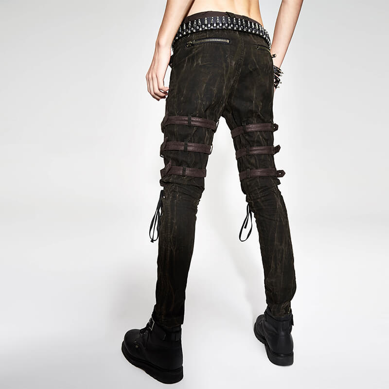 Back view of men's steampunk brown cotton trousers with buckles, featuring stylish straps and a snug fit.