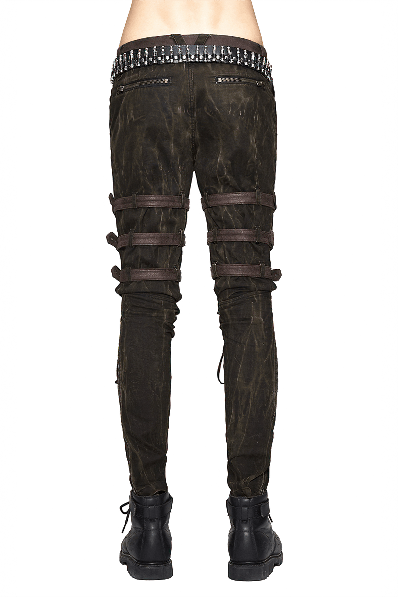 Steampunk Male Brown Cotton Trousers with Buckles / Gothic Full Length Pencil Pants for Men - HARD'N'HEAVY