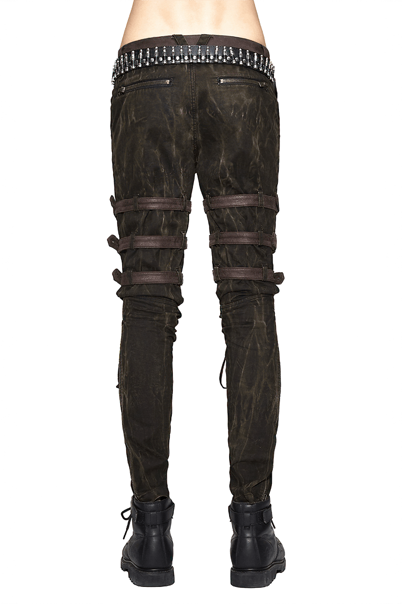 Men's steampunk brown cotton trousers featuring decorative straps and a stylish design from the back.