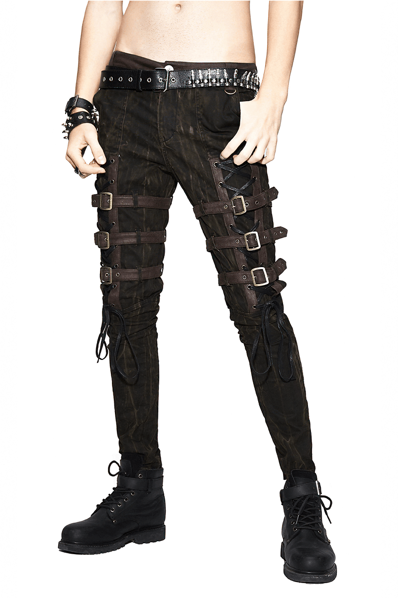 Steampunk male brown PU leather trousers with buckles and straps, perfect for a gothic fashion statement.