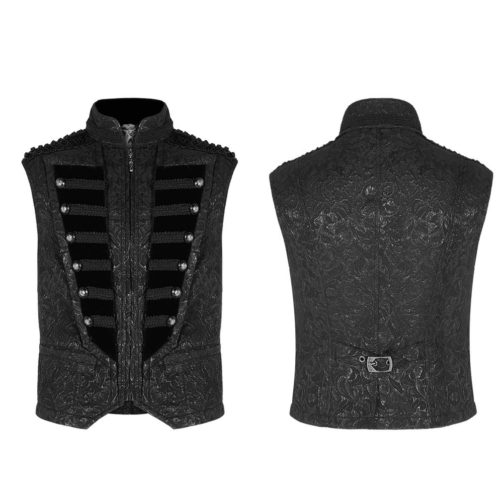 Steampunk black velvet waistcoat with high collar, floral embroidery, and ornate buttons, front and back views.
