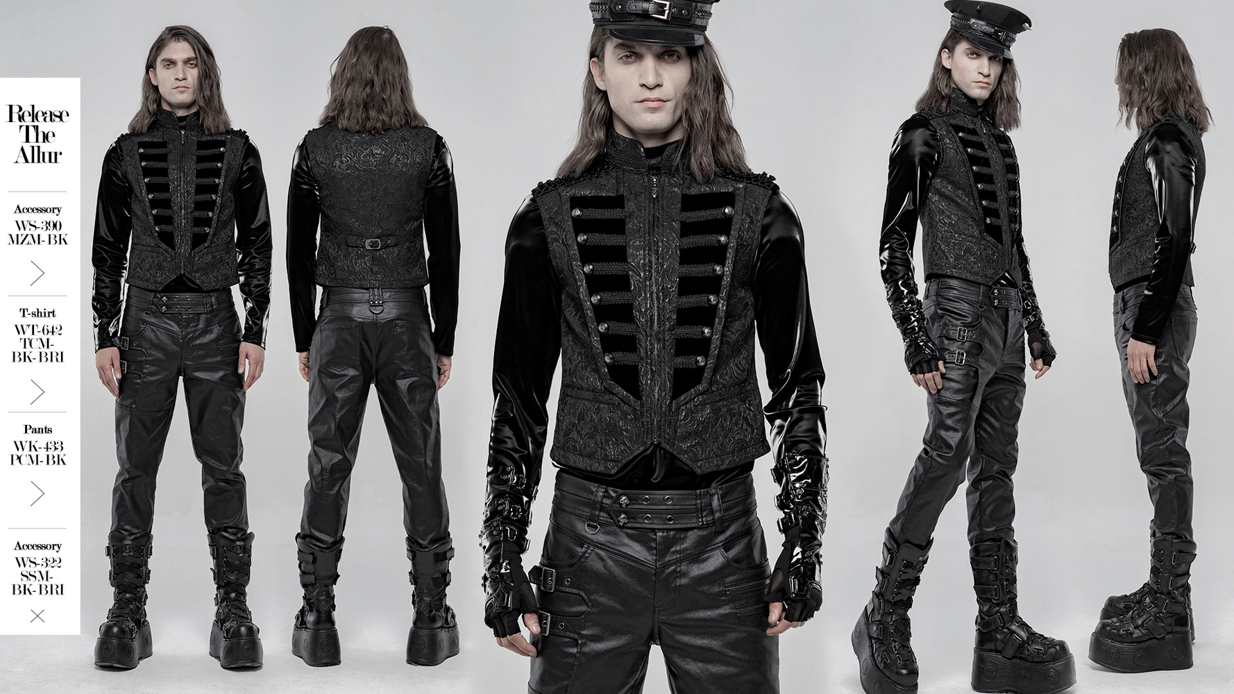 Steampunk male ensemble with black velvet waistcoat and leather pants, showcasing a chic, Victorian-inspired fashion statement.