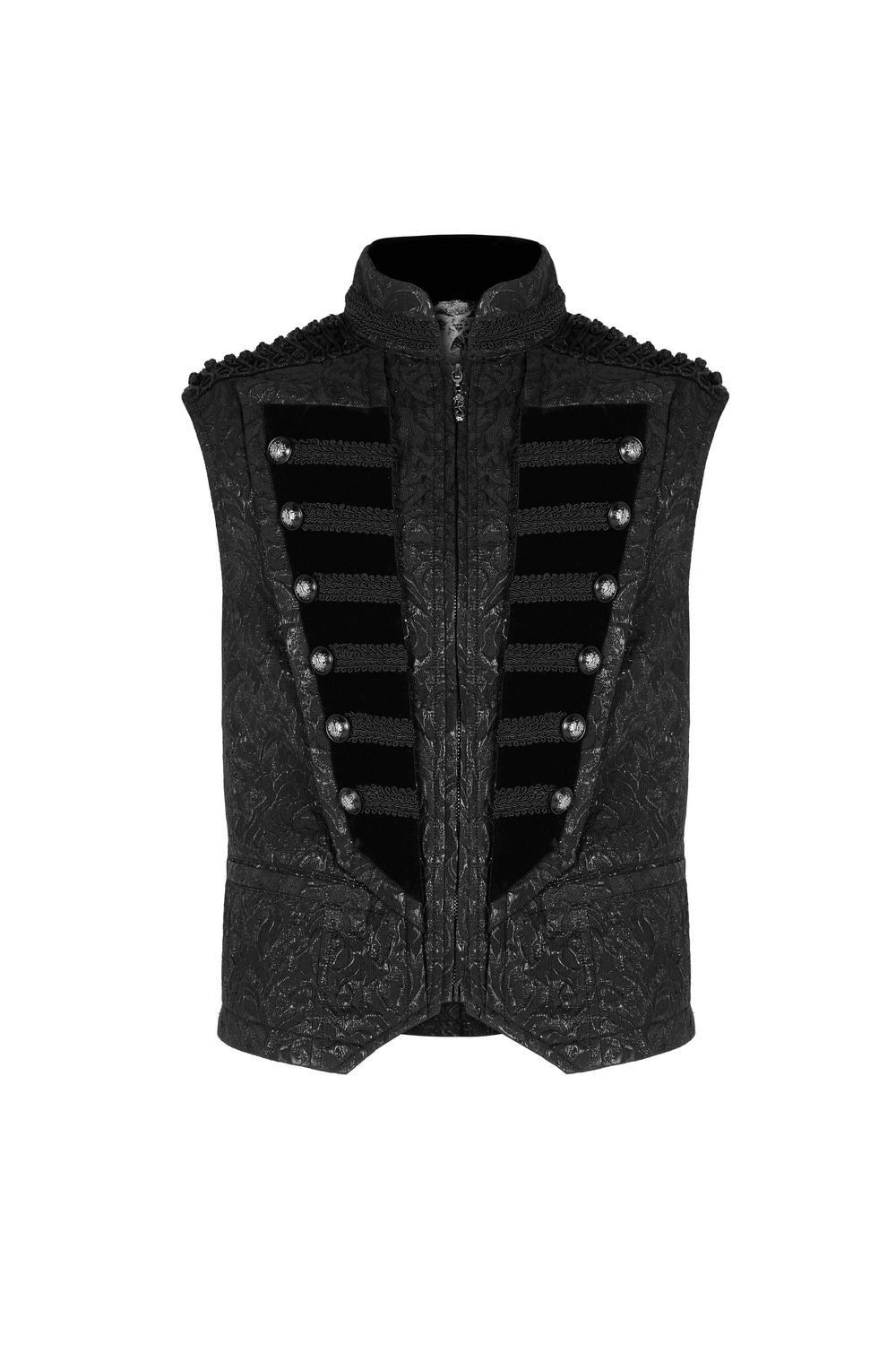 Steampunk black velvet waistcoat with embroidered floral pattern and high collar for men, featuring detailed buttons and adjustable strap.