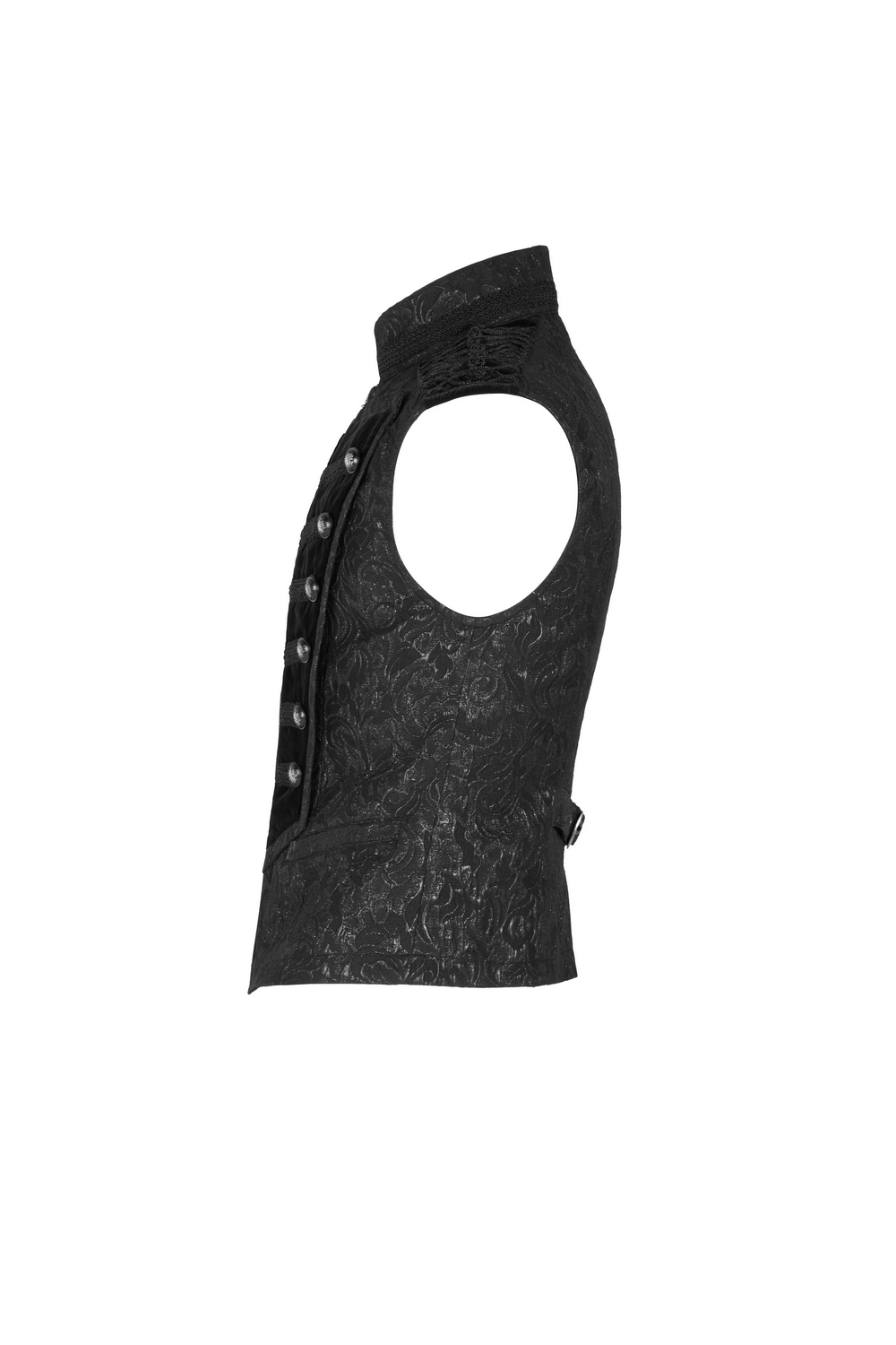 Steampunk velvet waistcoat with floral embroidery and stand collar, showcasing an elegant Victorian-inspired design.