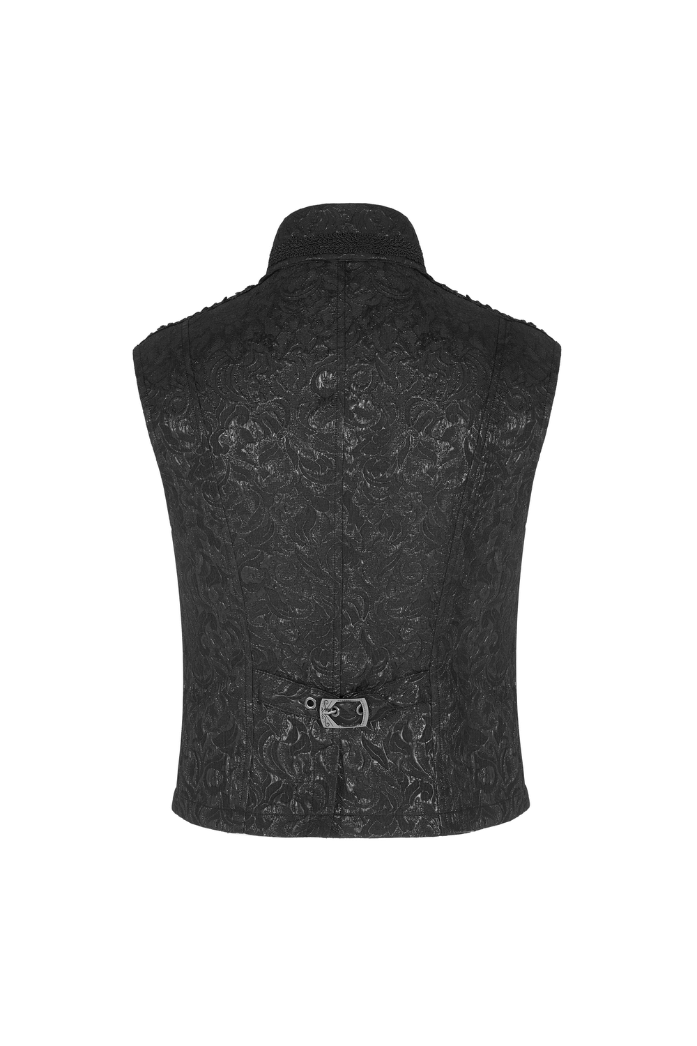 Black embroidered steampunk male velvet waistcoat with stand collar, showcasing a Victorian-inspired design and adjustable back strap.