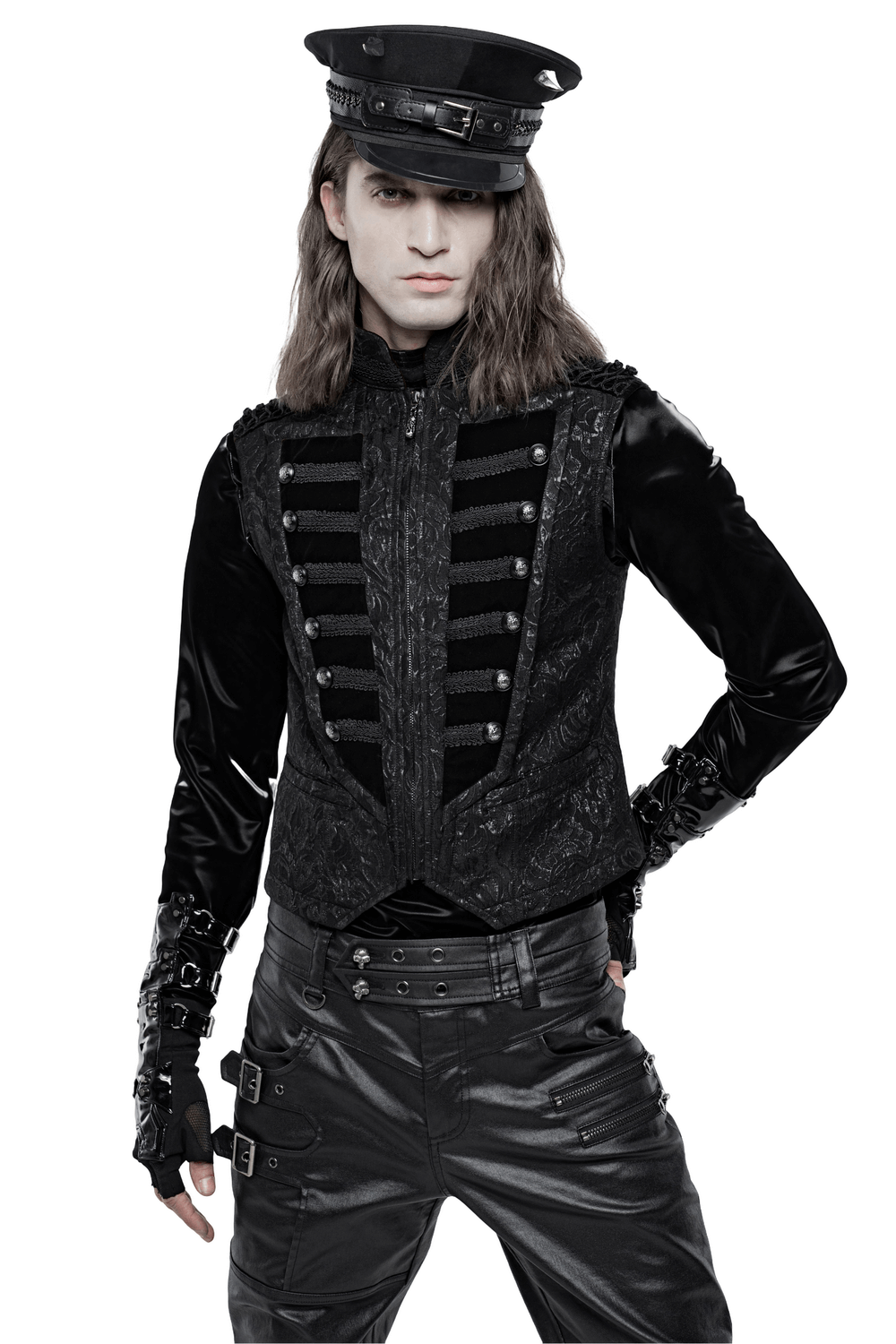 Steampunk male velvet waistcoat with high collar and floral embroidery, paired with a Victorian uniform cap for a dramatic look.
