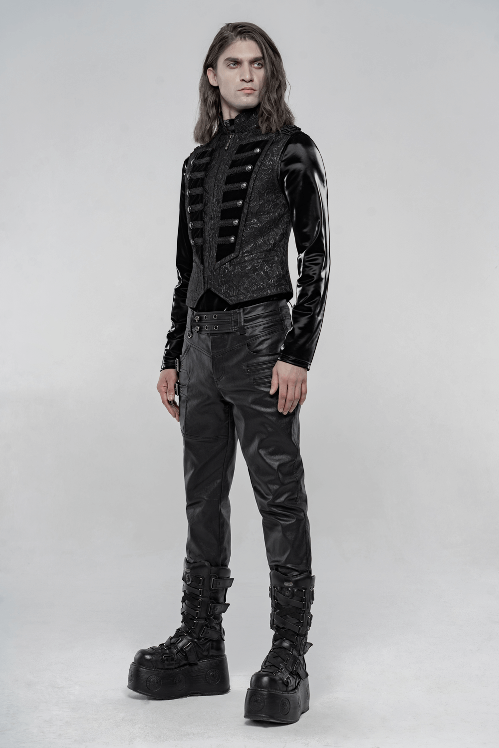 Steampunk male velvet waistcoat with stand collar and embroidered floral design. Victorian-inspired style for a sophisticated look.