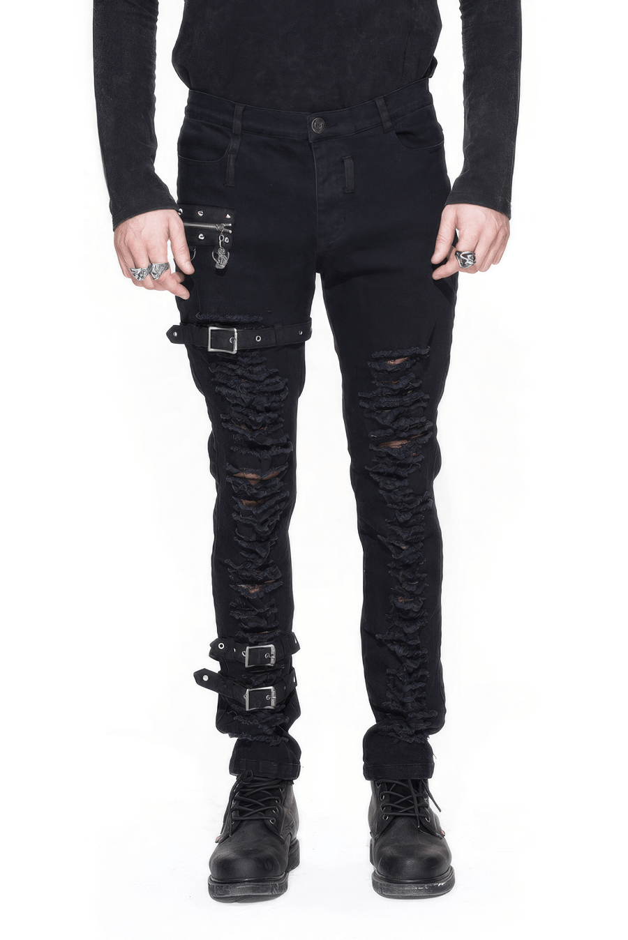 Steampunk Men Black Gothic Pants / Rock Style Slim Fit Trousers