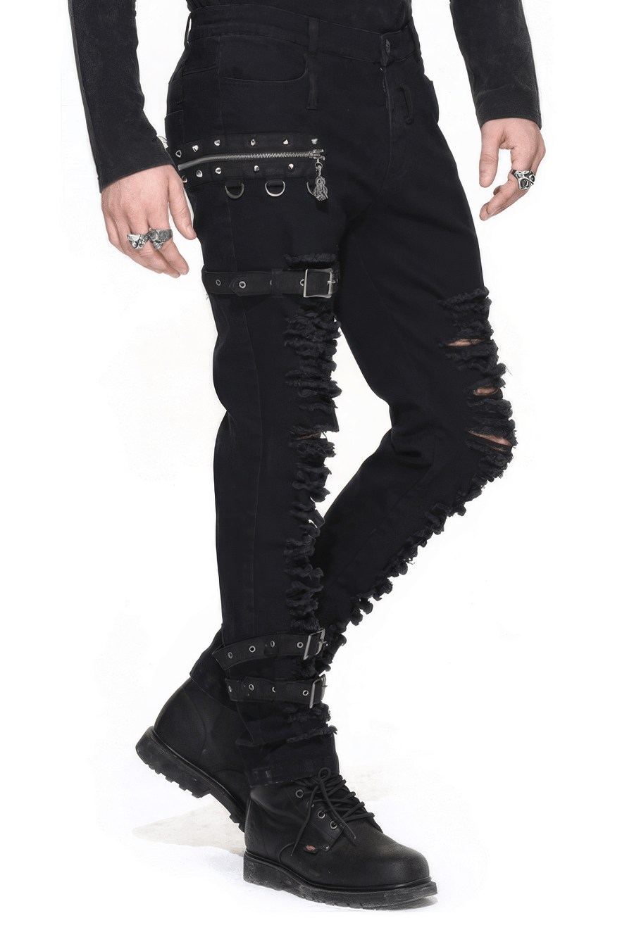 Steampunk Men Black Gothic Pants / Rock Style Slim Fit Trousers / Ripped Pencil Pants