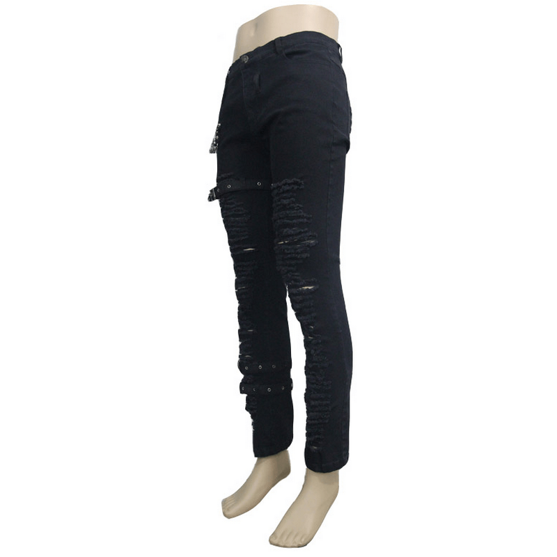 Steampunk Men Black Gothic Pants / Rock Style Slim Fit Trousers / Ripped Pencil Pants - HARD'N'HEAVY