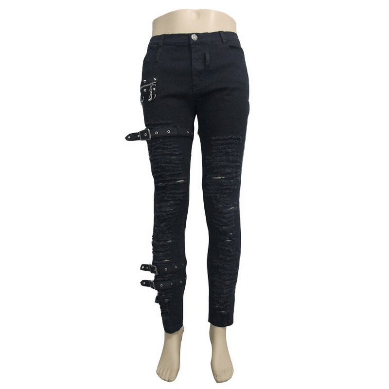 Steampunk Men Black Gothic Pants / Rock Style Slim Fit Trousers / Ripped Pencil Pants - HARD'N'HEAVY